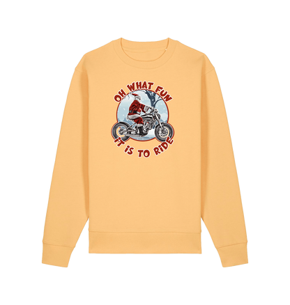 yellow christmas sweater with the graphic of santa riding a motorbike and the slogan 'oh what fun it is to ride'