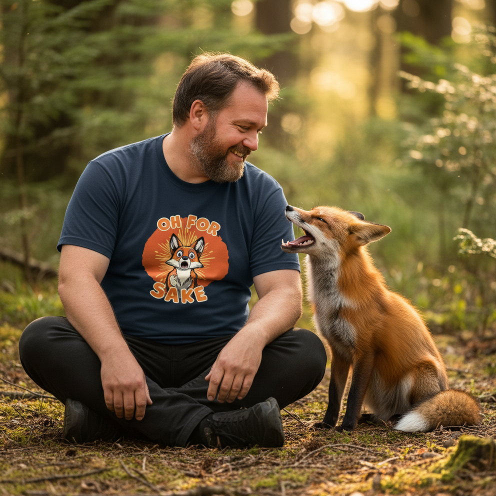 Man sitting in a forest with a fox, wearing a t-shirt with a fox graphic.