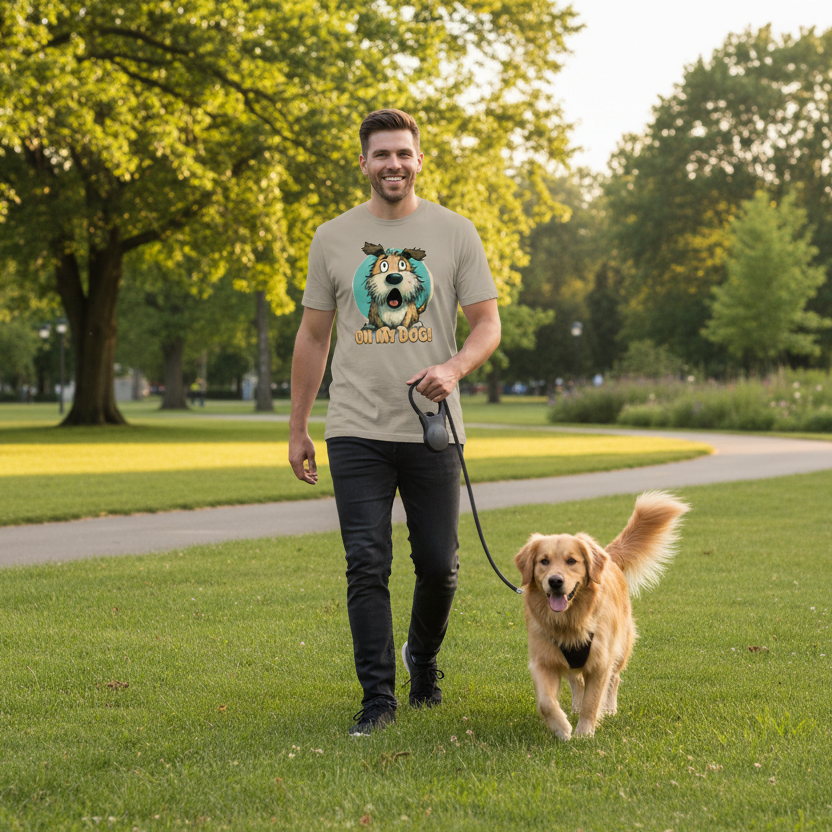 man walking his dog in the park wearing a beige coloured t-shirt with a dog design
