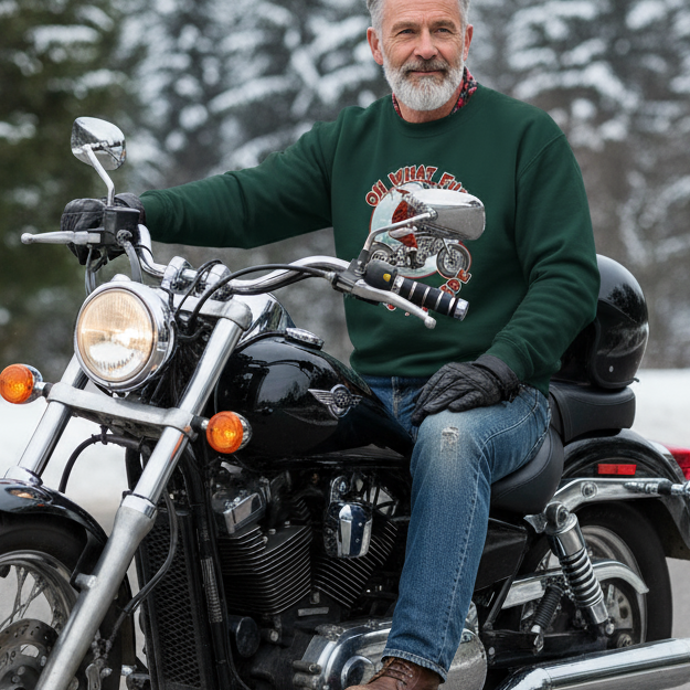 Man sitting on a motorcycle wearing a green sweater with a graphic design.