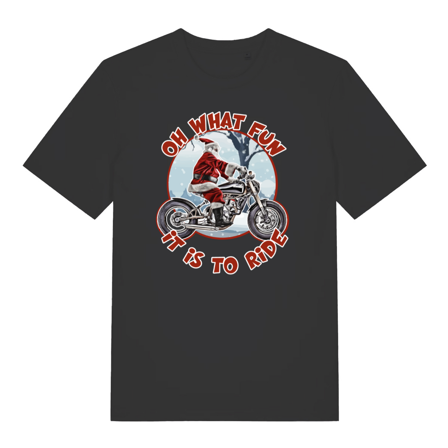 Black christmas t-shirt with Santa Claus riding a motorcycle graphic and text 'Oh what fun it is to ride' 