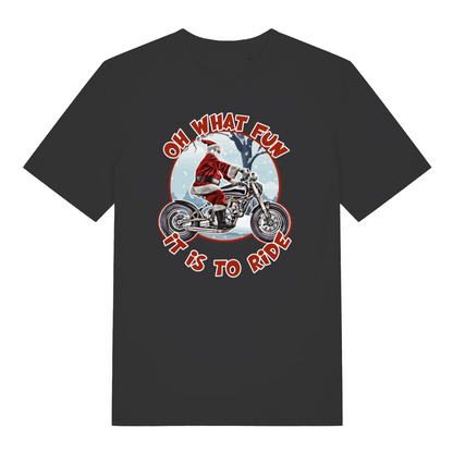 Black christmas t-shirt with Santa Claus riding a motorcycle graphic and text 'Oh what fun it is to ride' 