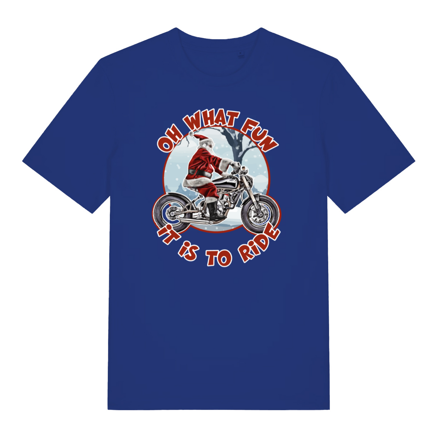 blue christmas t-shirt with Santa Claus riding a motorcycle graphic and text 'Oh what fun it is to ride'
