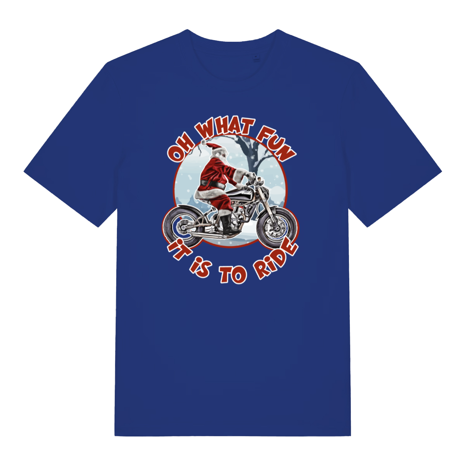 blue christmas t-shirt with Santa Claus riding a motorcycle graphic and text 'Oh what fun it is to ride'