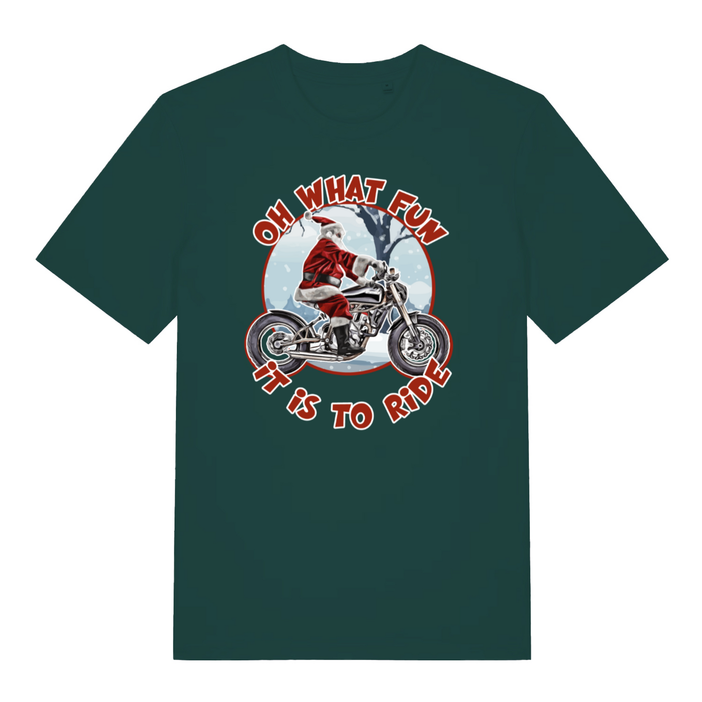 green christmas t-shirt with Santa Claus riding a motorcycle graphic and text 'Oh what fun it is to ride'