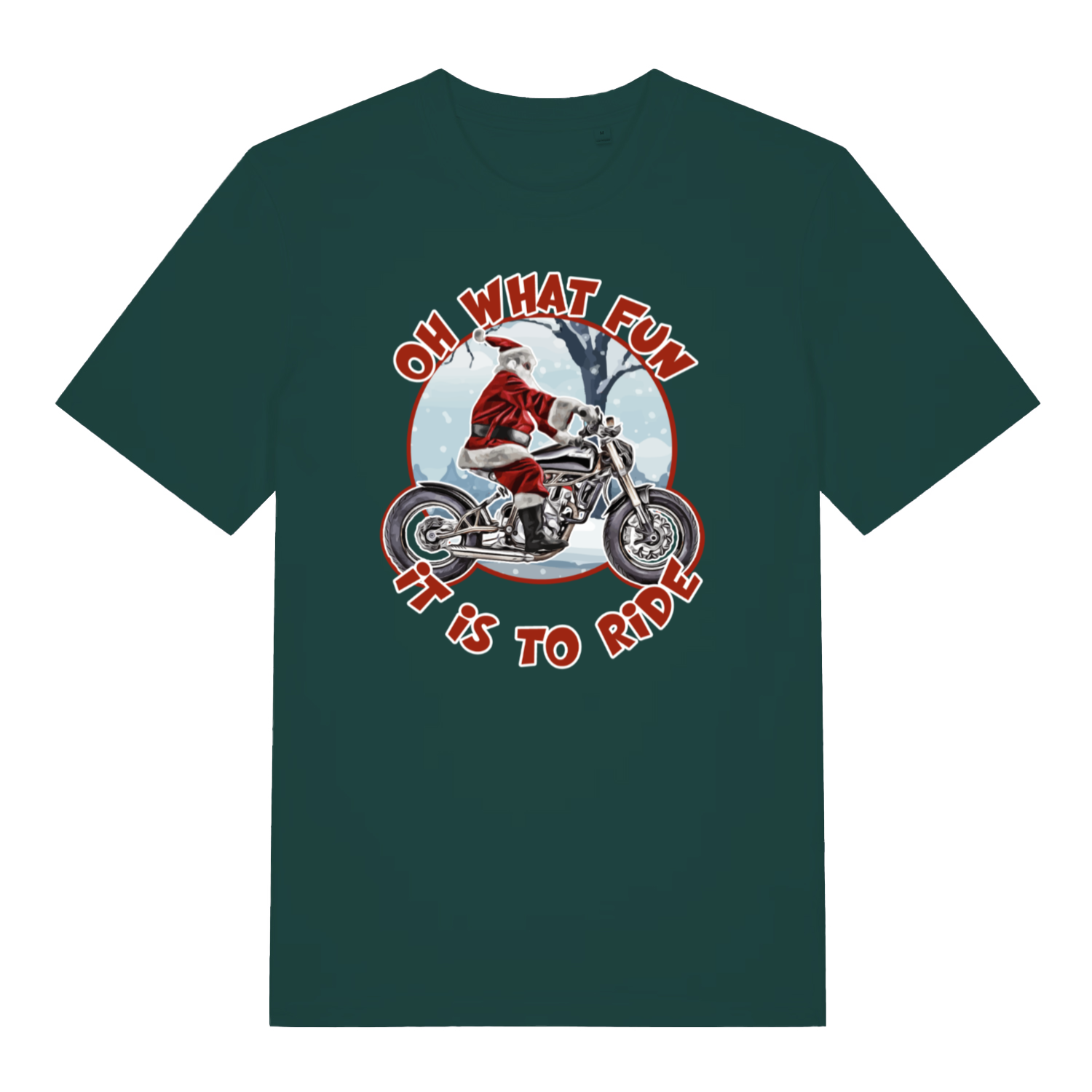 green christmas t-shirt with Santa Claus riding a motorcycle graphic and text 'Oh what fun it is to ride'