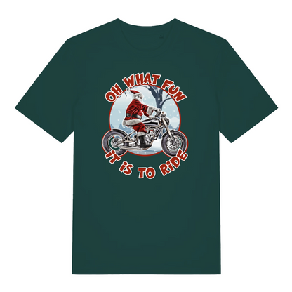 green christmas t-shirt with Santa Claus riding a motorcycle graphic and text 'Oh what fun it is to ride'