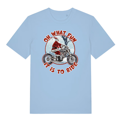 light blue christmas t-shirt with Santa Claus riding a motorcycle graphic and text 'Oh what fun it is to ride'