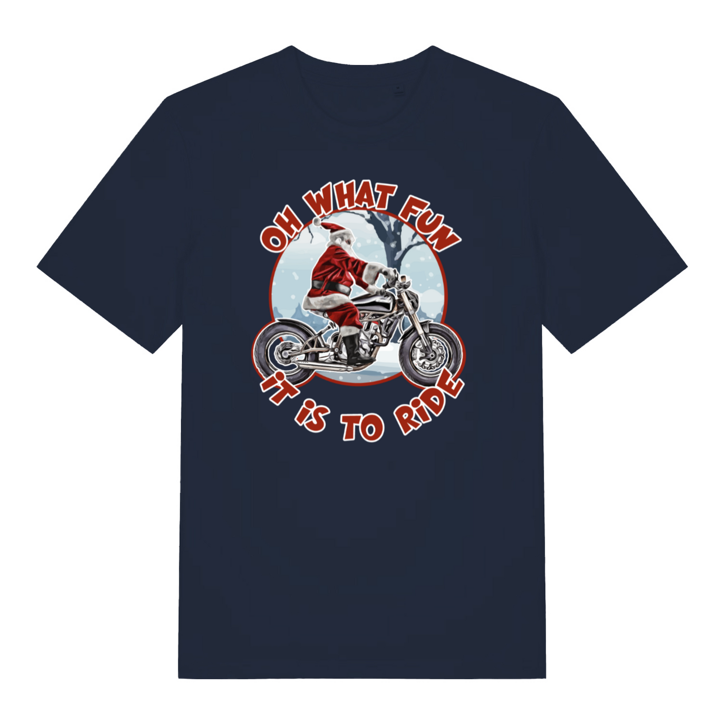 navy christmas t-shirt with Santa Claus riding a motorcycle graphic and text 'Oh what fun it is to ride'