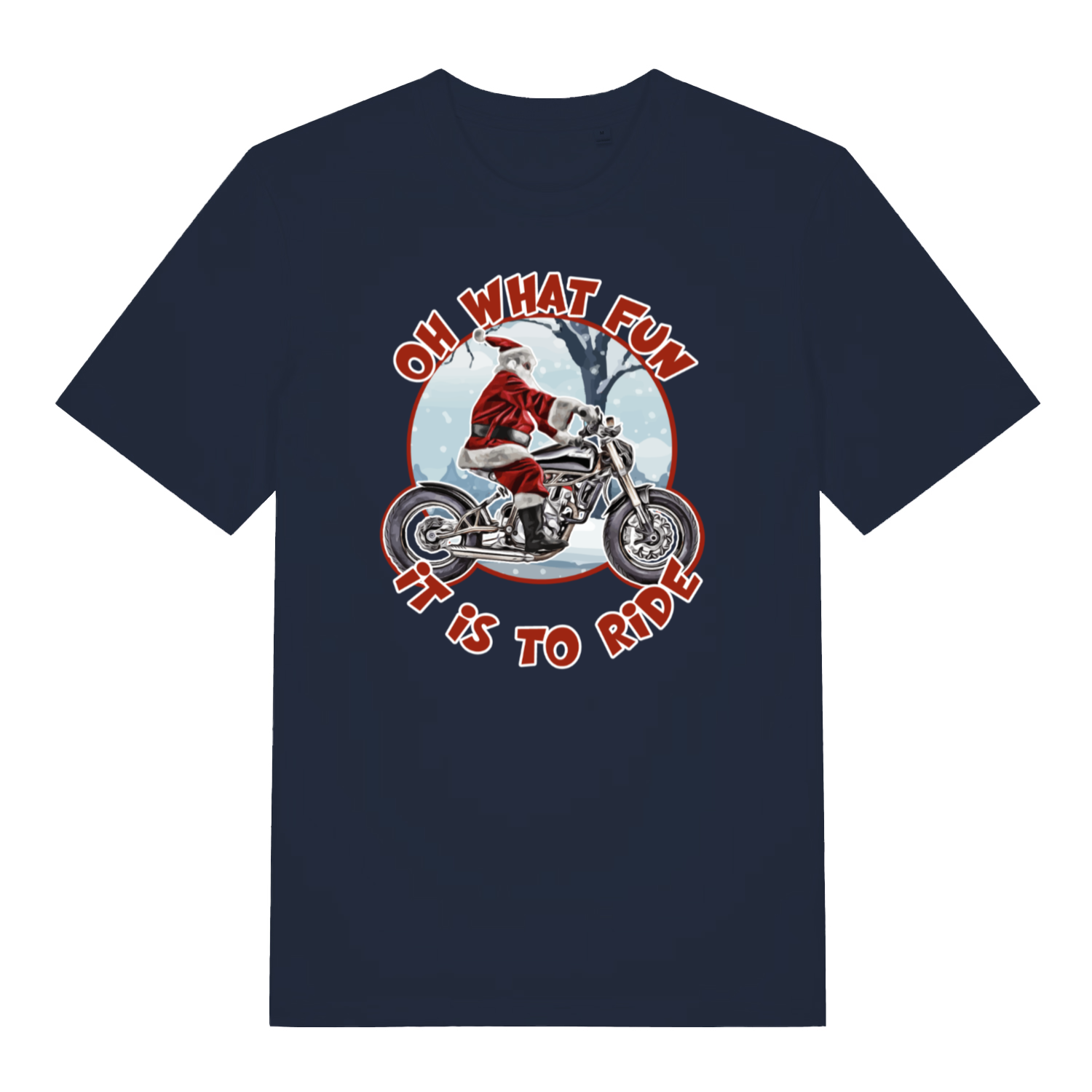 navy christmas t-shirt with Santa Claus riding a motorcycle graphic and text 'Oh what fun it is to ride'