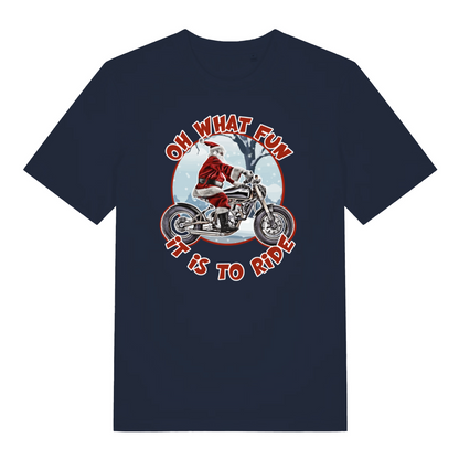 navy christmas t-shirt with Santa Claus riding a motorcycle graphic and text 'Oh what fun it is to ride'