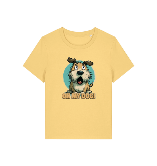 yellow funny dog t-shirt with the graphic of a cartoon dog and the slogan 'oh my dog'
