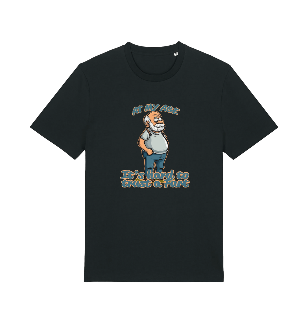 black funny graphic t-shirt with a cartoon old man on and the slogan 'at my age it's hard to trust a fart'