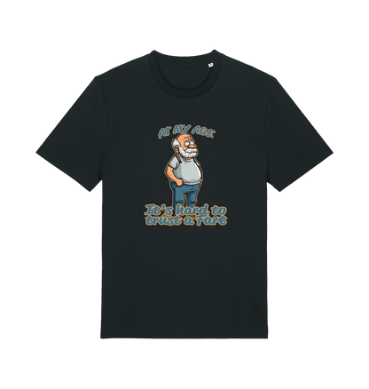 black funny graphic t-shirt with a cartoon old man on and the slogan 'at my age it's hard to trust a fart'