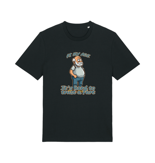 black funny graphic t-shirt with a cartoon old man on and the slogan 'at my age it's hard to trust a fart'