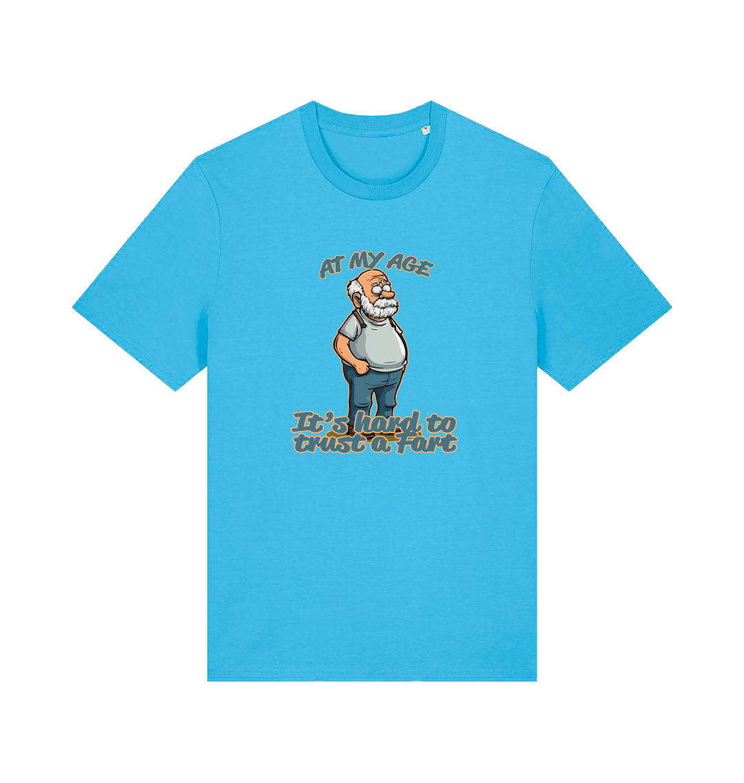 blue funny graphic t-shirt with a cartoon old man on and the slogan 'at my age it's hard to trust a fart'