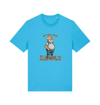 blue funny graphic t-shirt with a cartoon old man on and the slogan 'at my age it's hard to trust a fart'