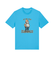 blue funny graphic t-shirt with a cartoon old man on and the slogan 'at my age it's hard to trust a fart'