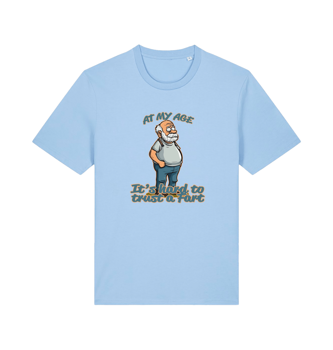 light blue funny graphic t-shirt with a cartoon old man on and the slogan 'at my age it's hard to trust a fart'