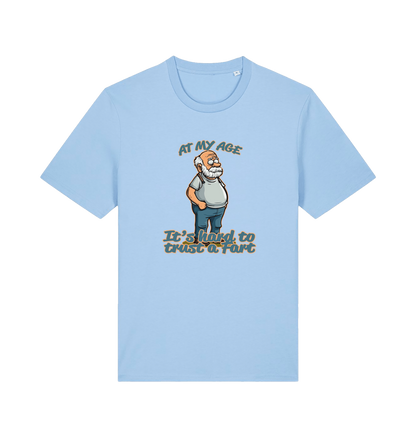light blue funny graphic t-shirt with a cartoon old man on and the slogan 'at my age it's hard to trust a fart'