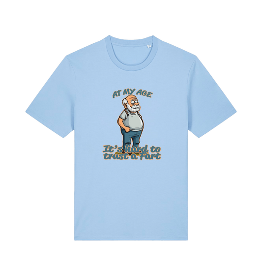 light blue funny graphic t-shirt with a cartoon old man on and the slogan 'at my age it's hard to trust a fart'