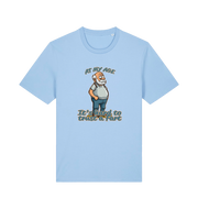 light blue funny graphic t-shirt with a cartoon old man on and the slogan 'at my age it's hard to trust a fart'
