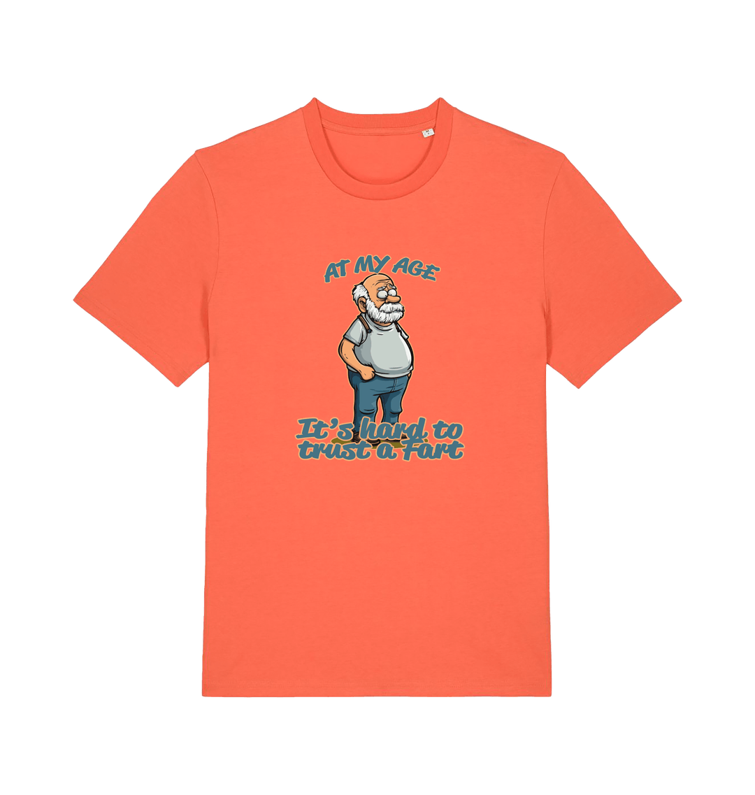 orange funny graphic t-shirt with a cartoon old man on and the slogan 'at my age it's hard to trust a fart'