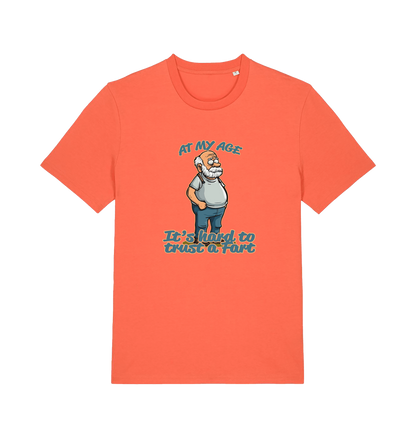 orange funny graphic t-shirt with a cartoon old man on and the slogan 'at my age it's hard to trust a fart'