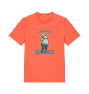 orange funny graphic t-shirt with a cartoon old man on and the slogan 'at my age it's hard to trust a fart'