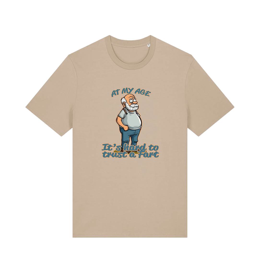 beige funny graphic t-shirt with a cartoon old man on and the slogan 'at my age it's hard to trust a fart'