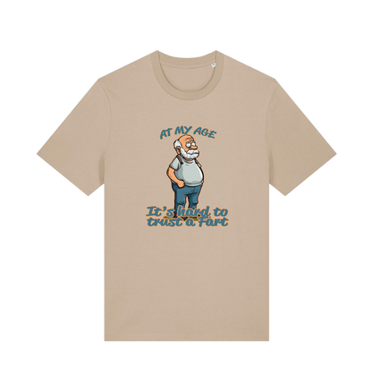 beige funny graphic t-shirt with a cartoon old man on and the slogan 'at my age it's hard to trust a fart'