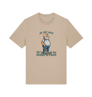 beige funny graphic t-shirt with a cartoon old man on and the slogan 'at my age it's hard to trust a fart'