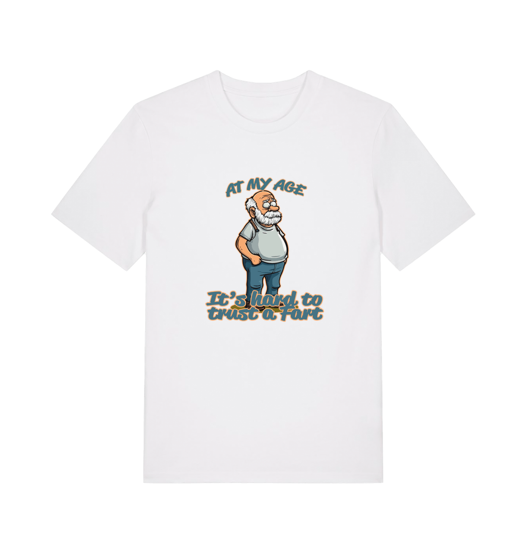 white funny graphic t-shirt with a cartoon old man on and the slogan 'at my age it's hard to trust a fart'