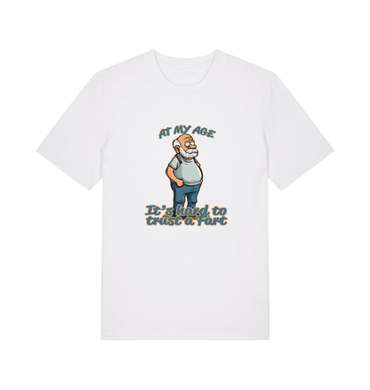 white funny graphic t-shirt with a cartoon old man on and the slogan 'at my age it's hard to trust a fart'