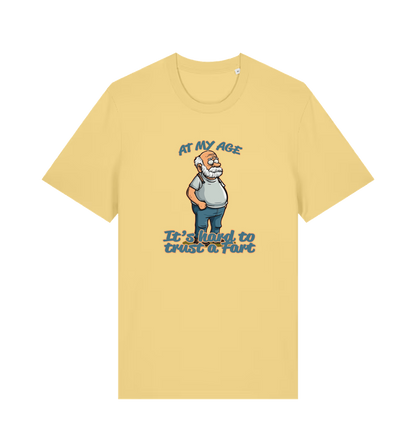 yellow funny graphic t-shirt with a cartoon old man on and the slogan 'at my age it's hard to trust a fart'