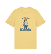yellow funny graphic t-shirt with a cartoon old man on and the slogan 'at my age it's hard to trust a fart'