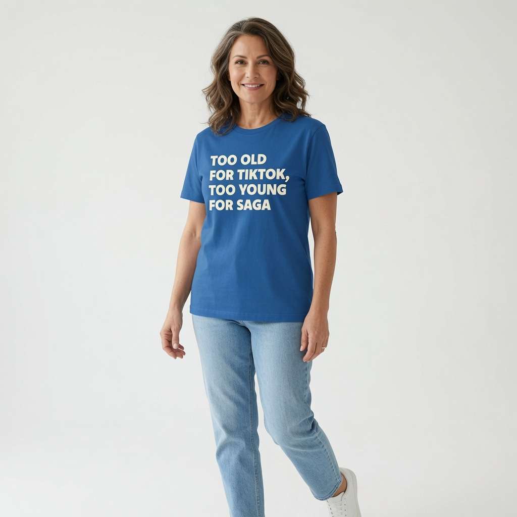 Woman smiling and looking slightly to the side while wearing a blue Too Old For TikTok, Too Young For Saga t-shirt, witty age-related slogan every mum will relate to