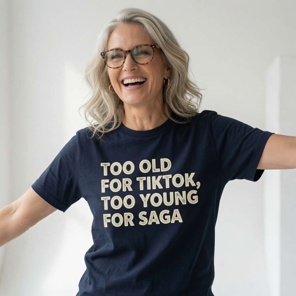 Woman laughing with arms outstretched in a navy Too Old For TikTok, Too Young For Saga t-shirt, fun and cheeky age banter full of personality