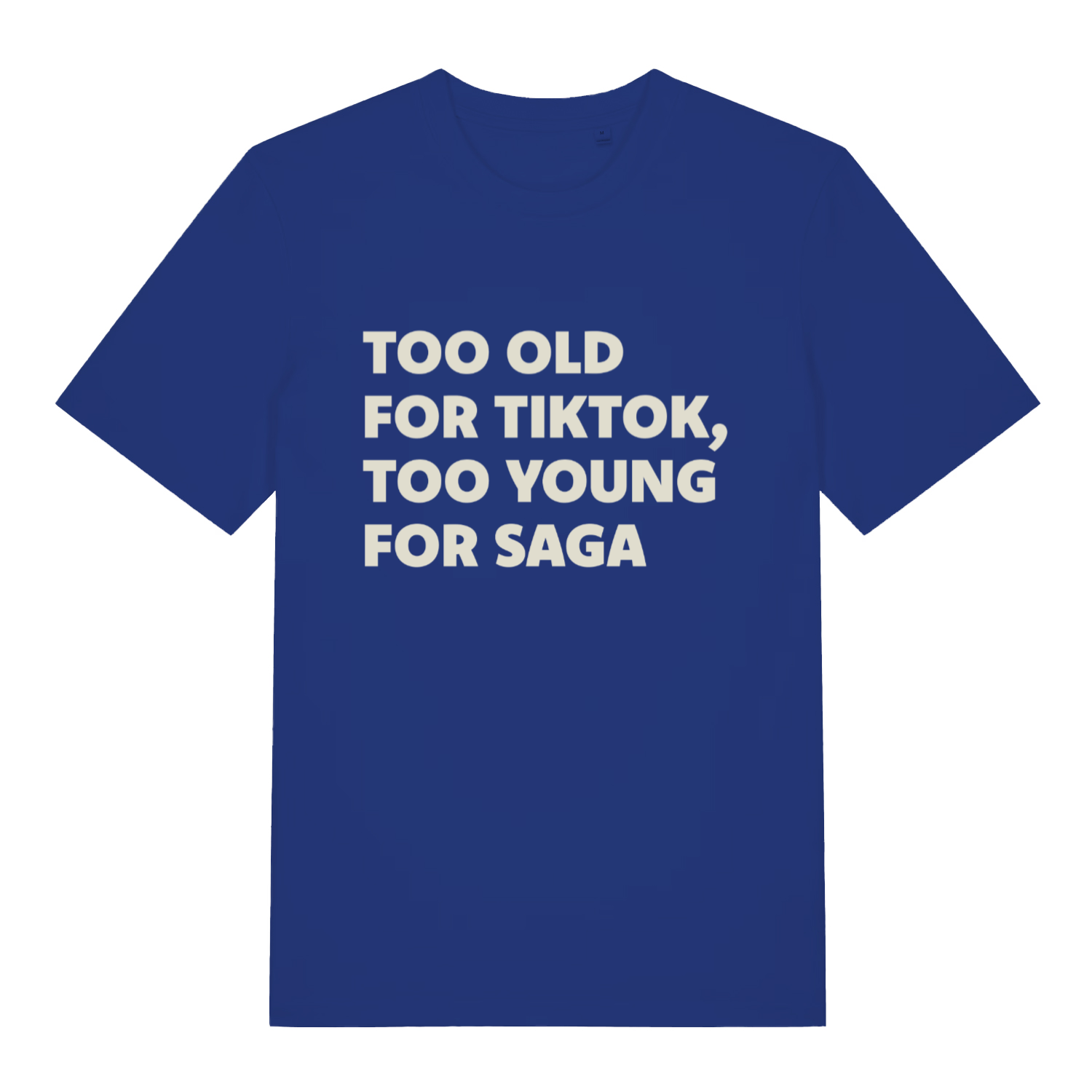 blue funny fathers day t-shirt with the slogan 'too old for tiktok, too young for saga'