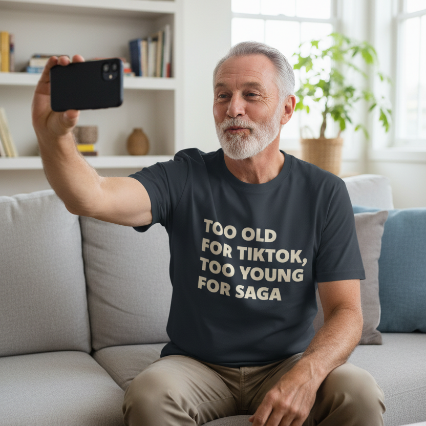 Man sitting on a couch wearing a t-shirt with text, taking a selfie.