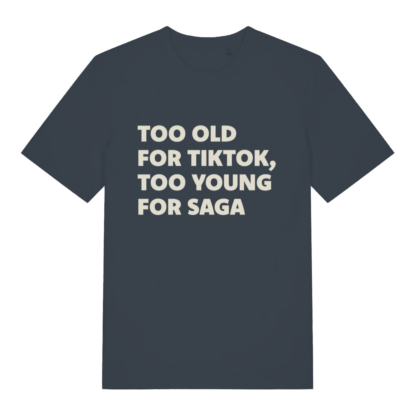 ink grey funny fathers day t-shirt with the slogan 'too old for tiktok, too young for saga'