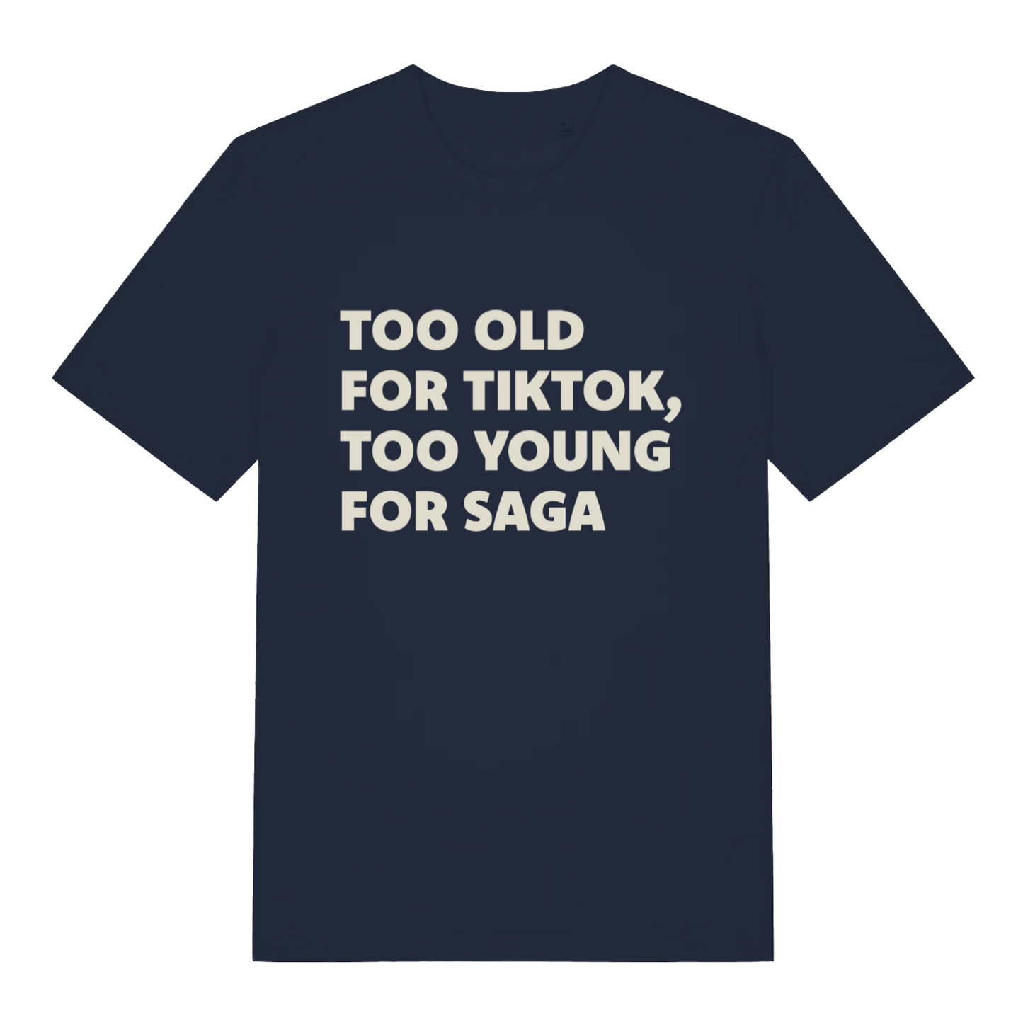 navy funny fathers day t-shirt with the slogan 'too old for tiktok, too young for saga'