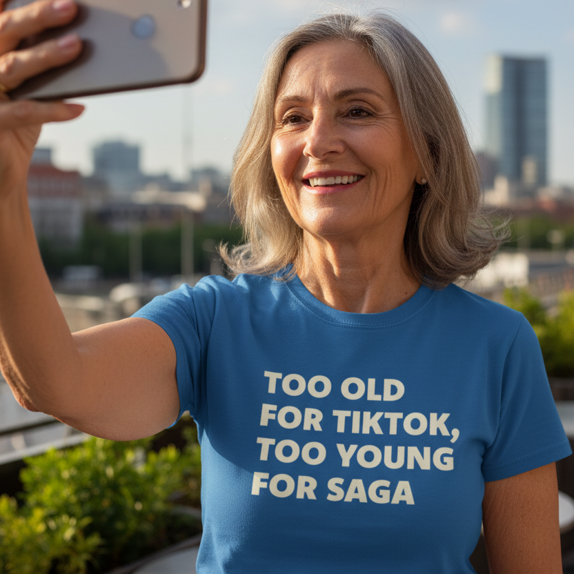 Woman taking a selfie wearing a blue t-shirt with text, cityscape in the background