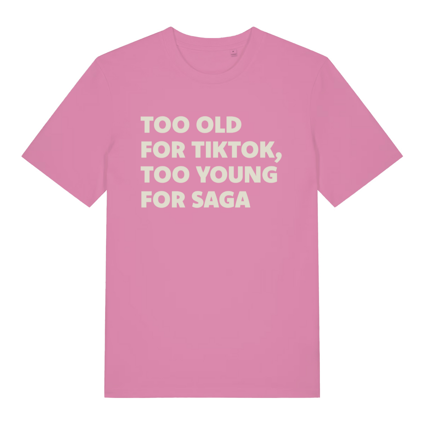 pink women's funny slogan t-shirt with the text 'too old for tiktok, too young for saga'