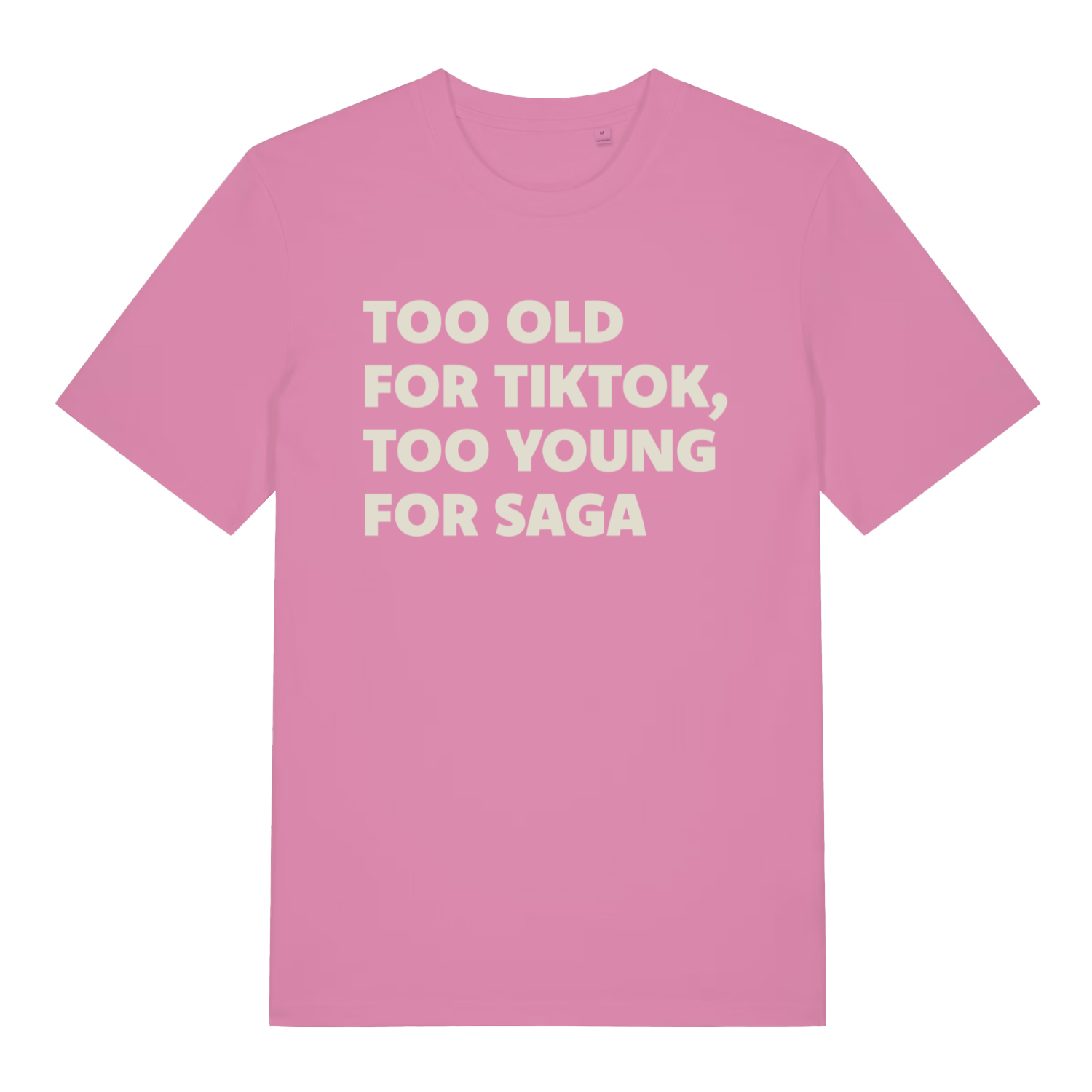 pink women's funny slogan t-shirt with the text 'too old for tiktok, too young for saga'