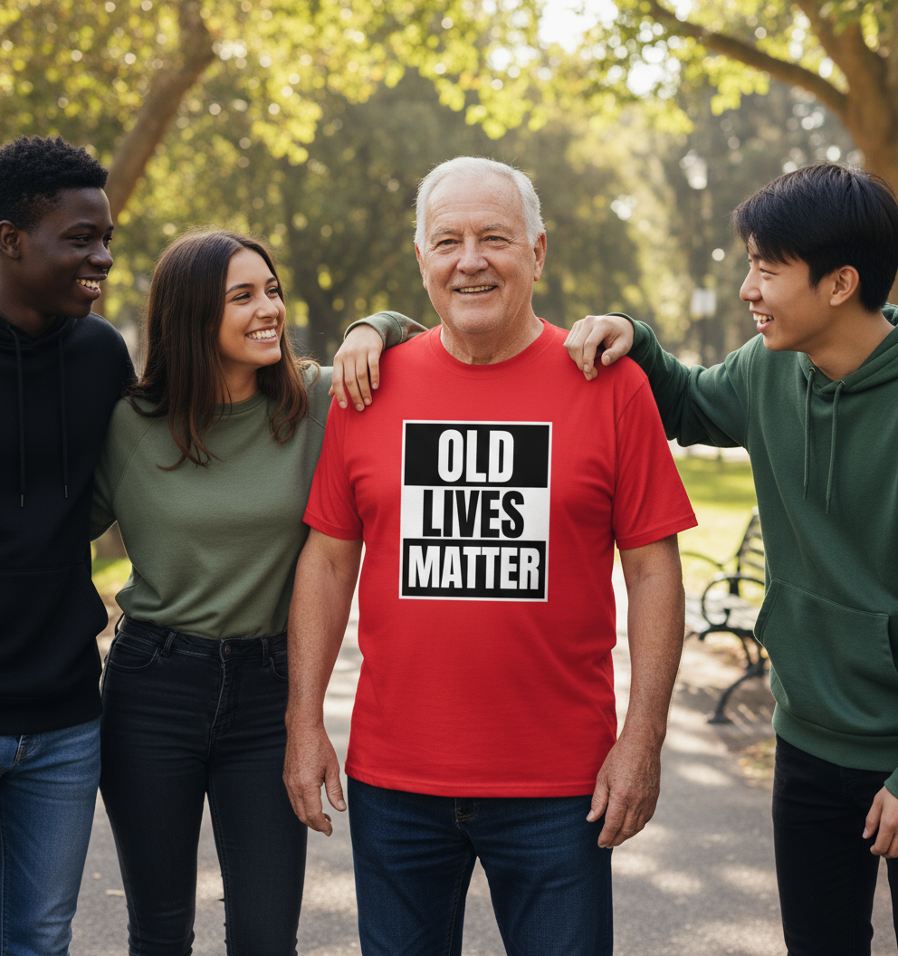 Man wearing a red shirt with 'OLD LIVES MATTER' text, surrounded by four people in a park.