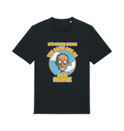 black funny graphic t-shirt with a cartoon man and the slogan 'it's weird being the same age as old people'