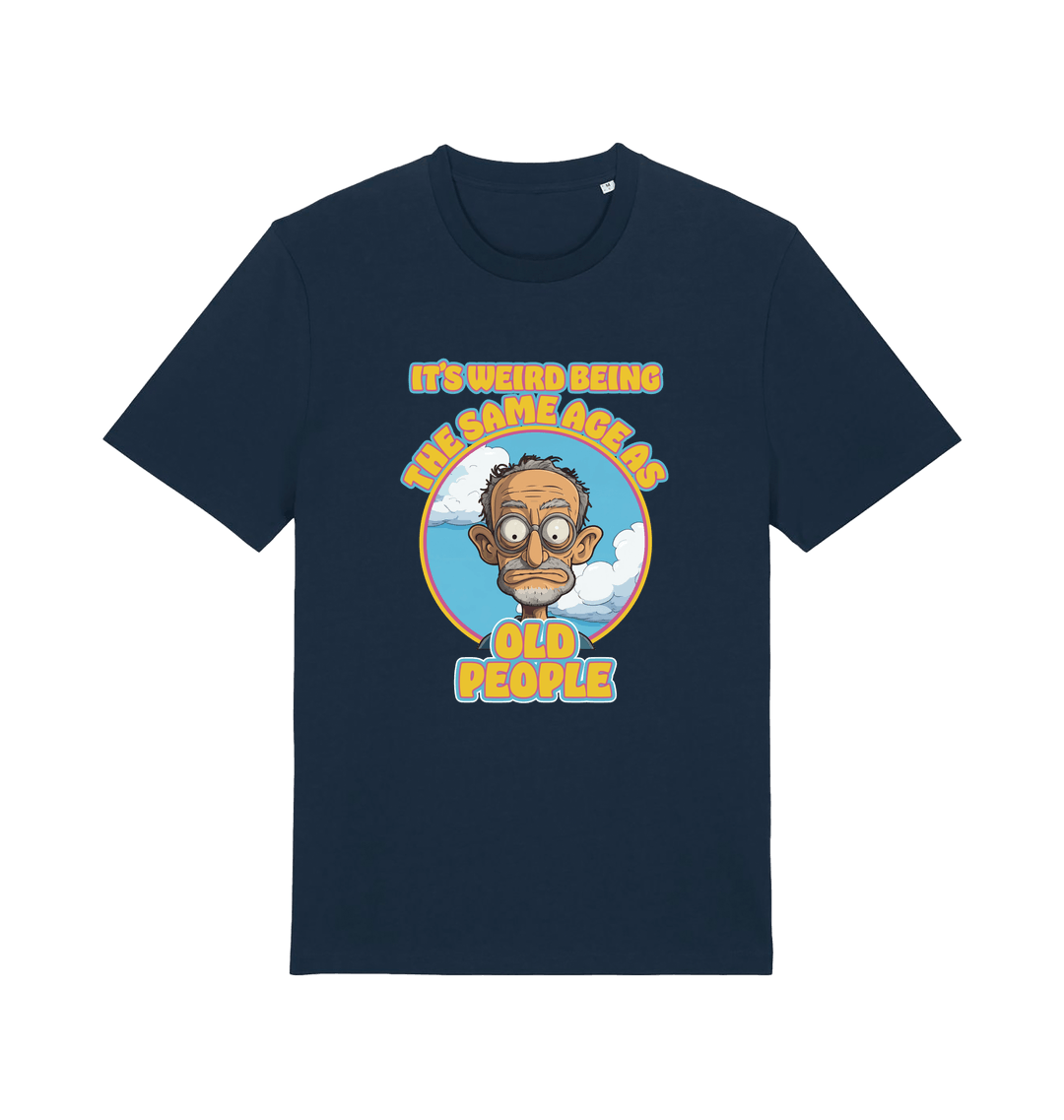 navy funny graphic t-shirt with a cartoon man and the slogan 'it's weird being the same age as old people'