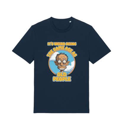 navy funny graphic t-shirt with a cartoon man and the slogan 'it's weird being the same age as old people'