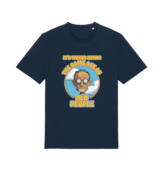 navy funny graphic t-shirt with a cartoon man and the slogan 'it's weird being the same age as old people'